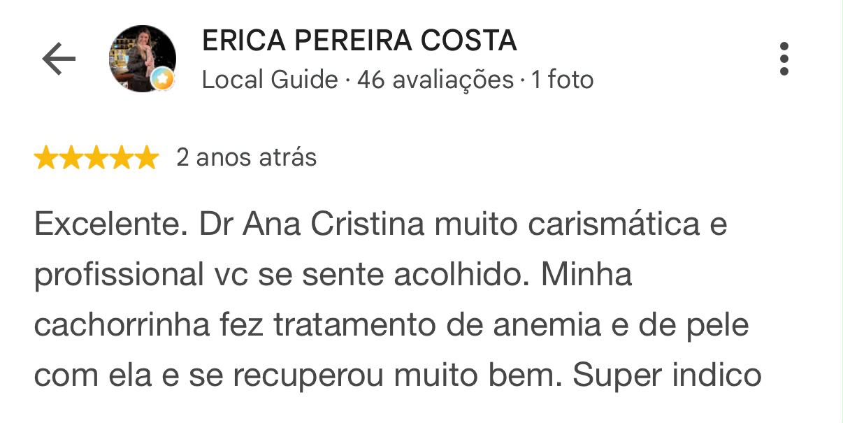 Avaliação de cinco estrelas de Erica Pereira Costa sobre a DermoPet